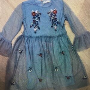 Blue Floral Embroidered Kids Formal Dress